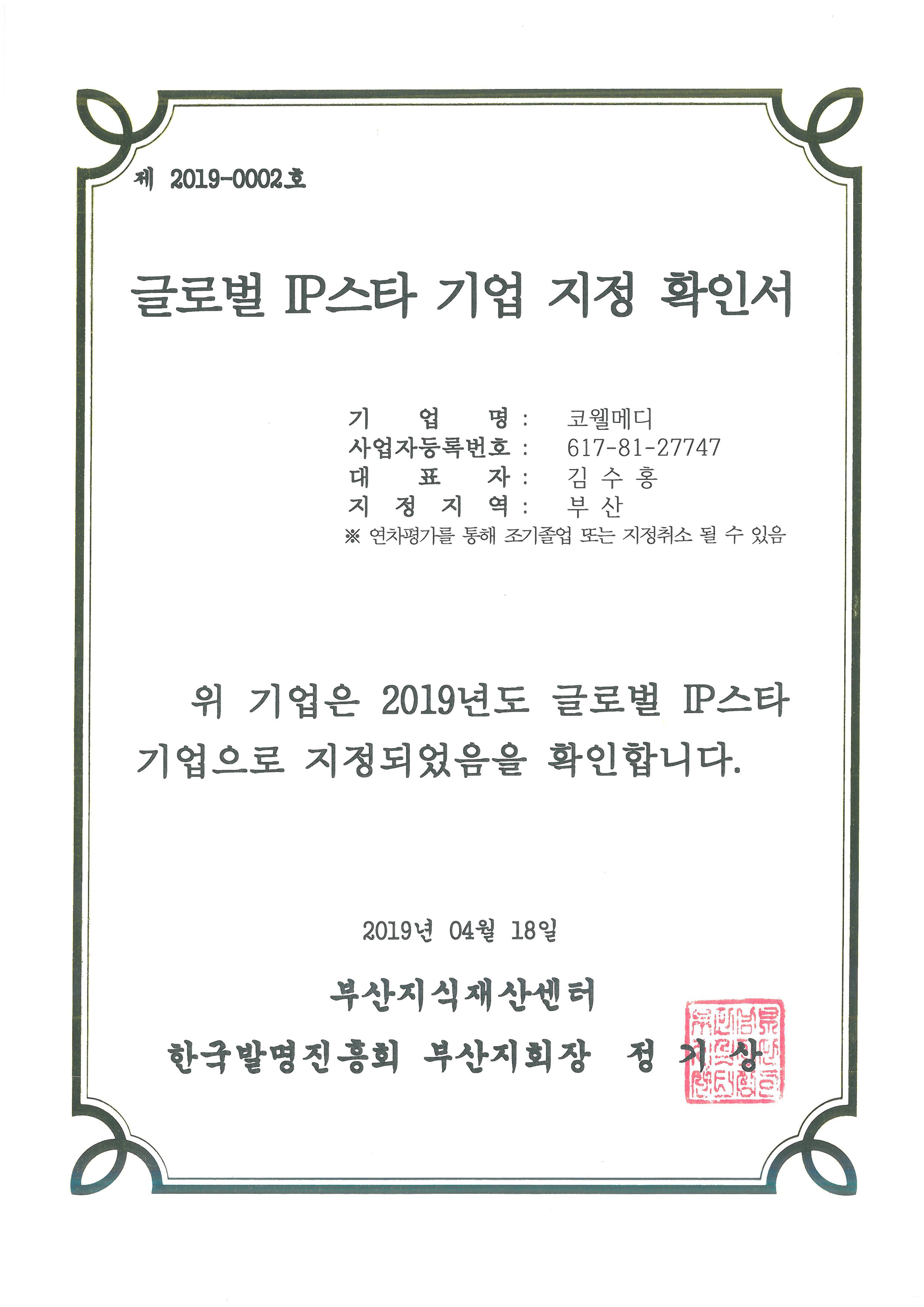 2019 글로벌 IP 스타기업 지정 확인서